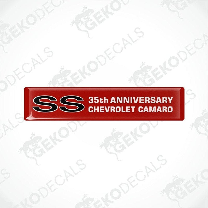 Two red and white vinyl decals with 'SS 35th Anniversary Chevrolet Camaro' text.