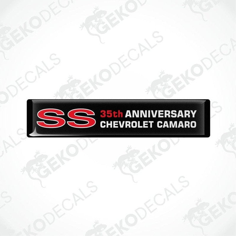 Two black, red, and white vinyl decals with 'SS 35th Anniversary Chevrolet Camaro' text.