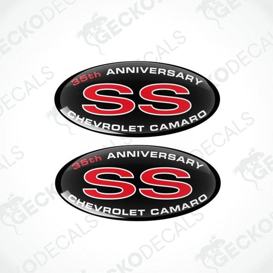 Two oval vinyl stickers with a red and black 'SS' Chevrolet Camaro 35th Anniversary design.