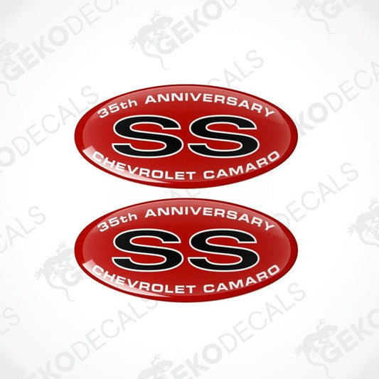 Two red, white, and black vinyl stickers with '35th Anniversary Chevrolet Camaro' text and the SS symbol.