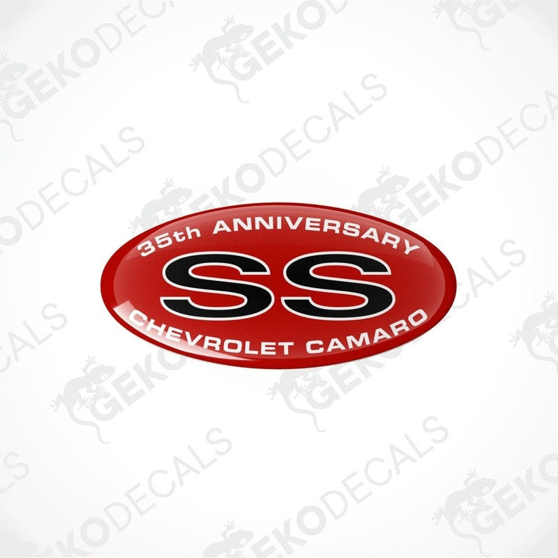 Two red, white, and black vinyl stickers with '35th Anniversary Chevrolet Camaro' text and the SS symbol.