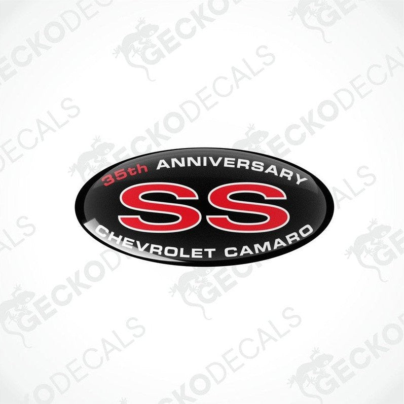  Oval vinyl stickers with a red and black 'SS' Chevrolet Camaro 35th Anniversary design.