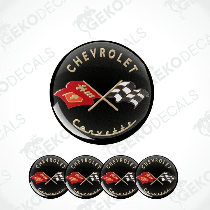 Chevrolet Corvette logo with flags on a black background, surrounded by additional logos.