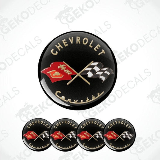 Chevrolet Corvette logo with flags on a black background, surrounded by additional logos.