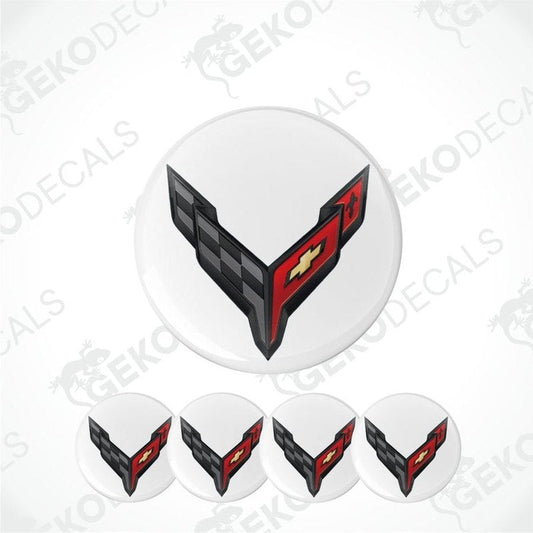 Set of five Chevrolet logo car wheel center caps on a white background with 'Gekodecals' branding.