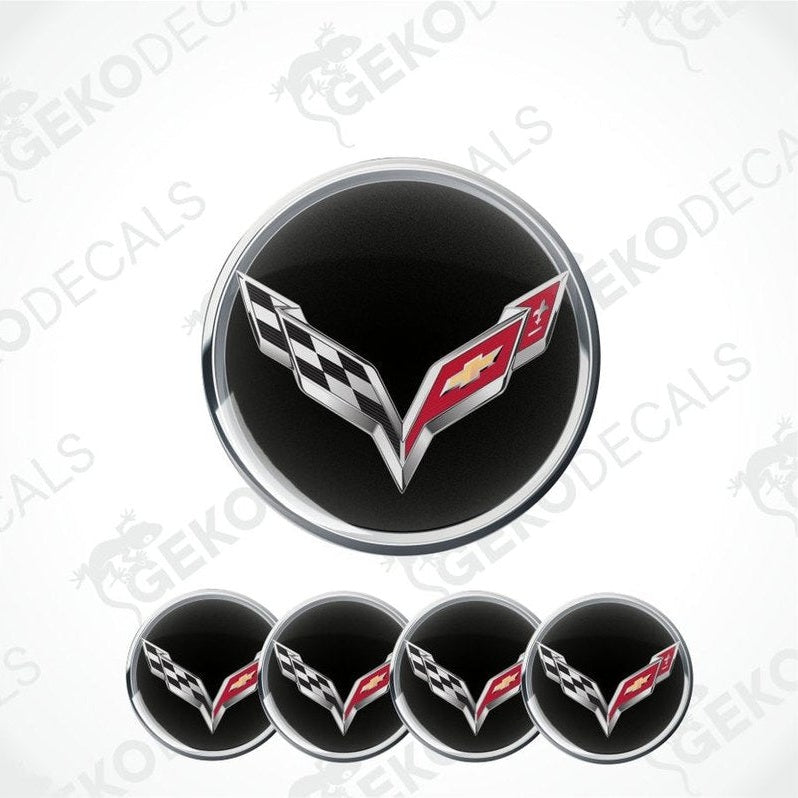 Chevrolet Corvette logo with checkered flag design on a black background, surrounded by five smaller versions of the logo.