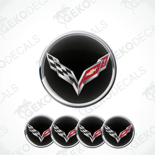 Chevrolet Corvette logo with checkered flag design on a black background, surrounded by five smaller versions of the logo.
