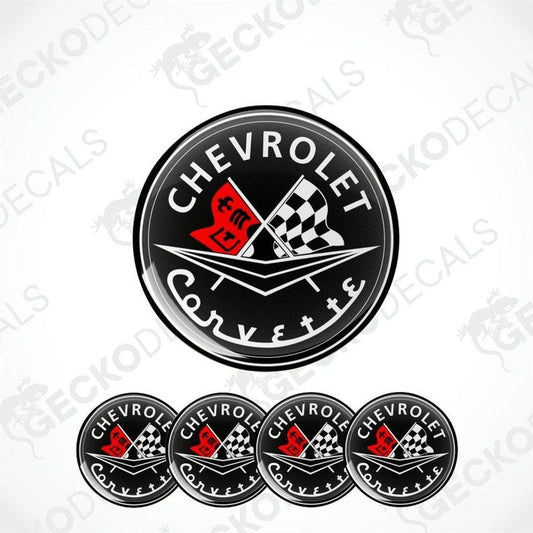 Chevrolet Corvette logo with red and white checkered flags on a white background