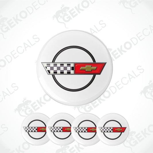 Set of Corvette logo coasters with checkered flag design on a white background.