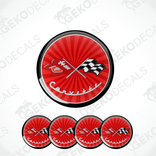 Red circular decal with a checkered flag and 'Corvette' text on a white background.
