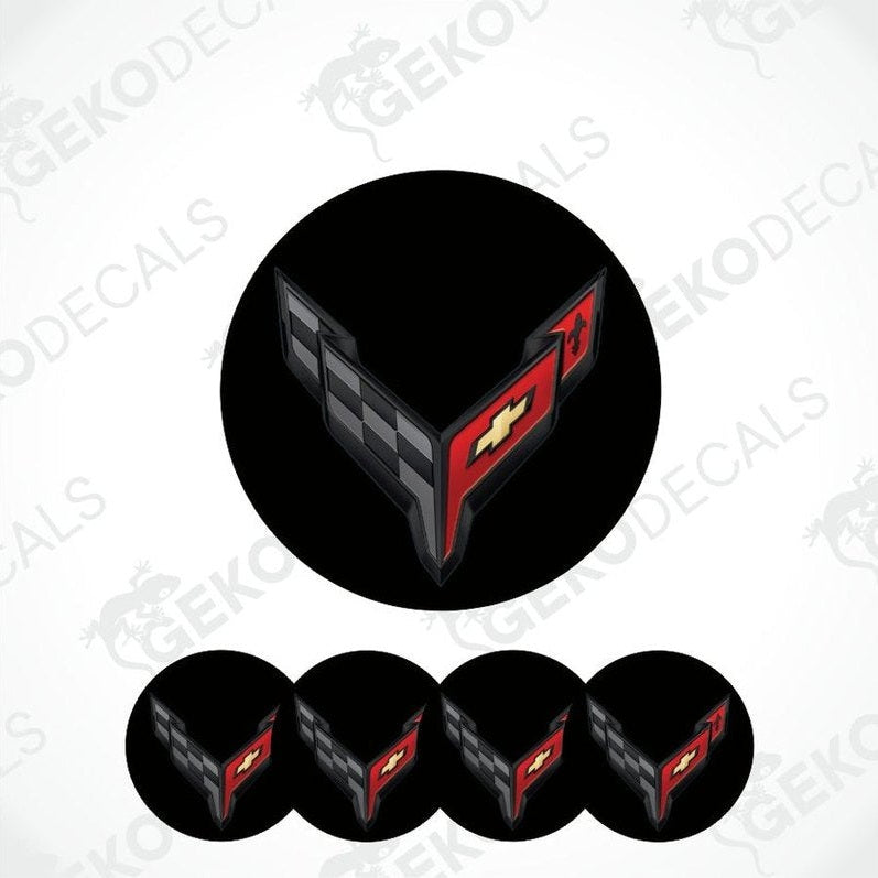Set of five black Corvette logo decals with red and gray accents on a white background.