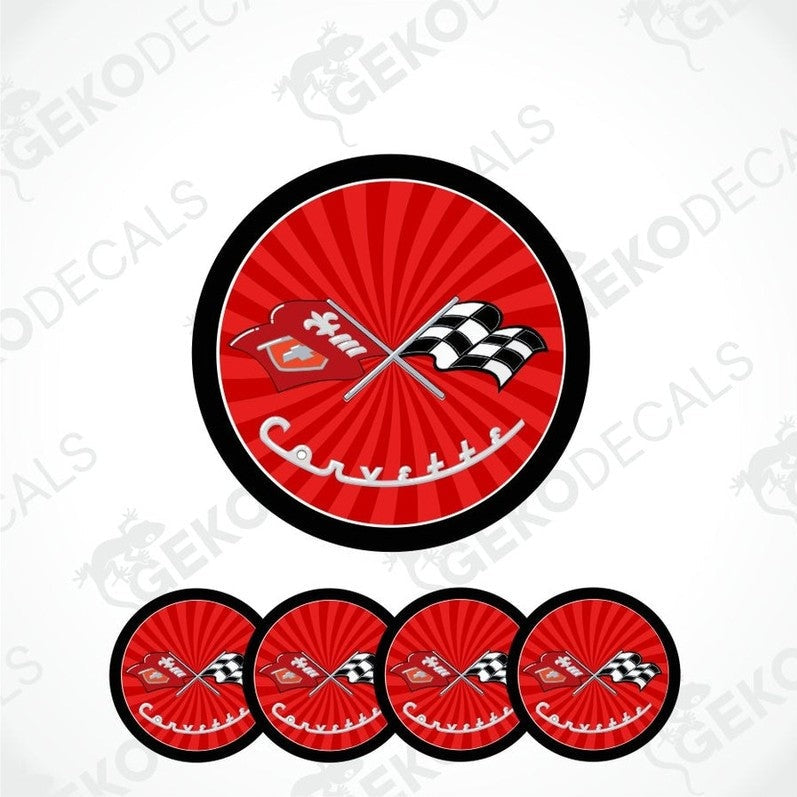 Set of red circular decals with a central design featuring a car logo and crossed flags, on a white background.