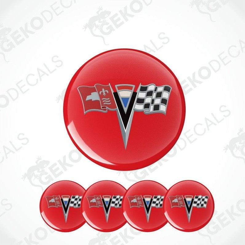 Red decal with a logo featuring a flag and checkered pattern on a white background.