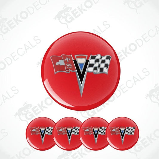 Red decal with a logo featuring a flag and checkered pattern on a white background.