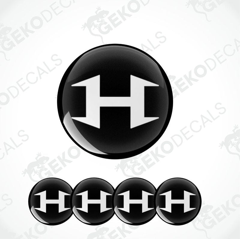A set of four black vinyl stickers with the word 'HENNESSEY' designed in a specific font and arranged in a spiral pattern.
