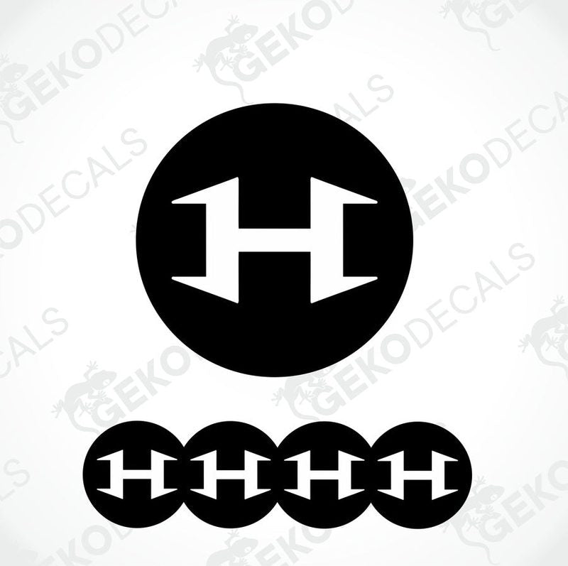 A set of four black vinyl stickers with the word 'HENNESSEY' designed in a specific font and arranged in a spiral pattern.
