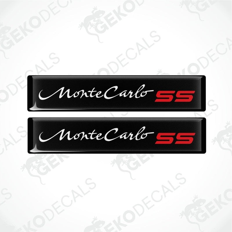 Two black vinyl stickers with the text 'CHEVROLET MONTE CARLO SS' in red and white.