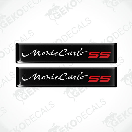 Two black vinyl stickers with the text 'CHEVROLET MONTE CARLO SS' in red and white.