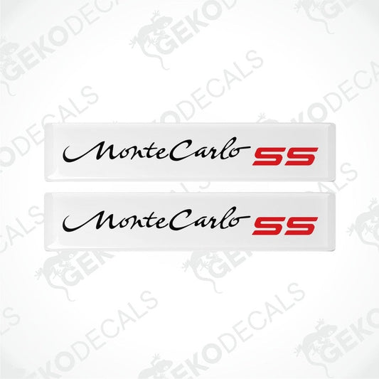 Two vinyl decals with polyurethane coating featuring the text 'Monte Carlo SS' in red on a white background.