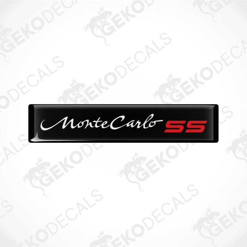 Two black vinyl stickers with the text 'CHEVROLET MONTE CARLO SS' in red and white.