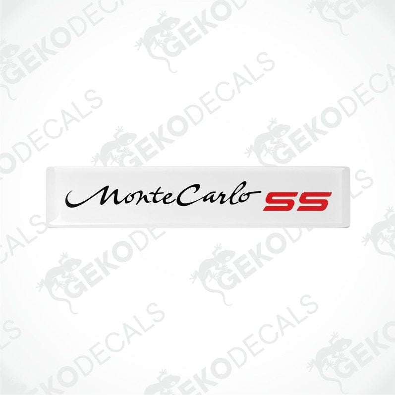 Two vinyl decals with polyurethane coating featuring the text 'Monte Carlo SS' in red on a white background.