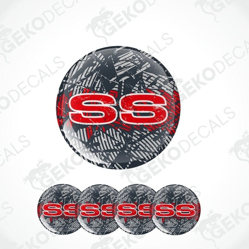 A set of four round vinyl stickers with a geometric pattern and the letter 'SS' in red on a black background.