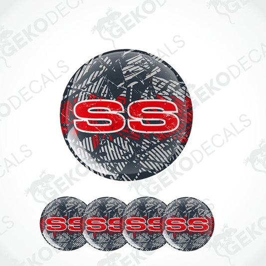 A set of four round vinyl stickers with a geometric pattern and the letter 'SS' in red on a black background.