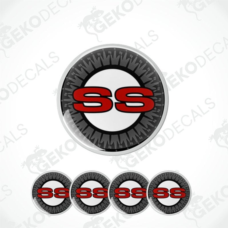 A set of four black vinyl stickers with the letter 'S' in red, indicating a Chevrolet SS vehicle.