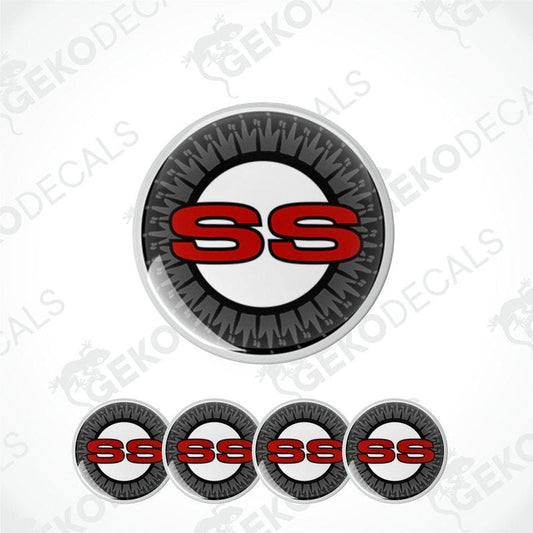 A set of four black vinyl stickers with the letter 'S' in red, indicating a Chevrolet SS vehicle.