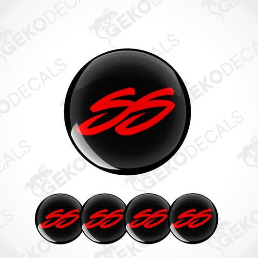 Set of four vinyl decals with a polyurethane coating featuring the SS logo in red on a black background, designed for use on car wheels.