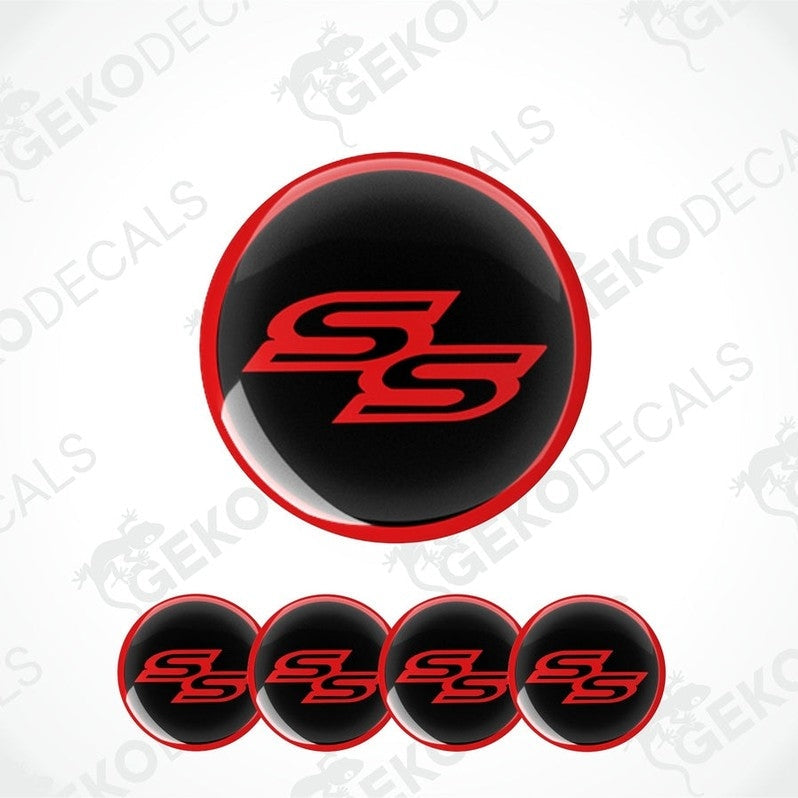 Set of vinyl decals with the SS logo, predominantly red with black background, displayed on a white background.
