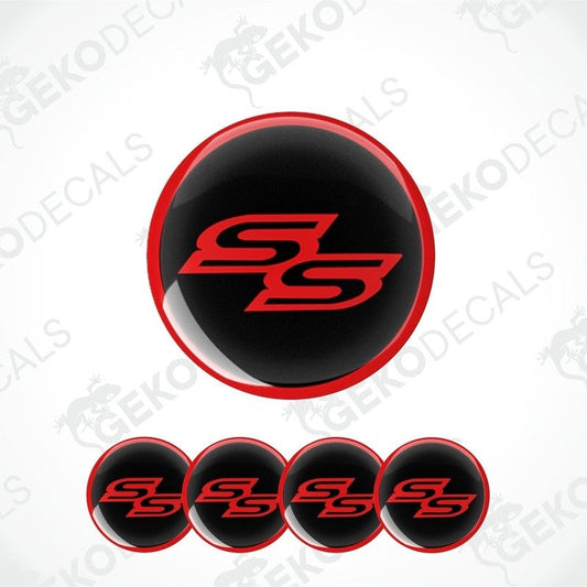 Set of vinyl decals with the SS logo, predominantly red with black background, displayed on a white background.