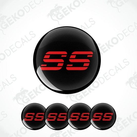 A set of four black vinyl stickers with the text 'SS' in red.