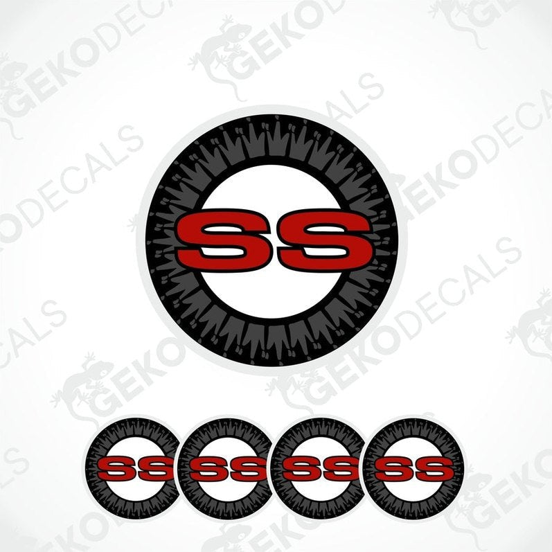 A set of four black vinyl stickers with the letter 'S' in red, indicating a Chevrolet SS vehicle.
