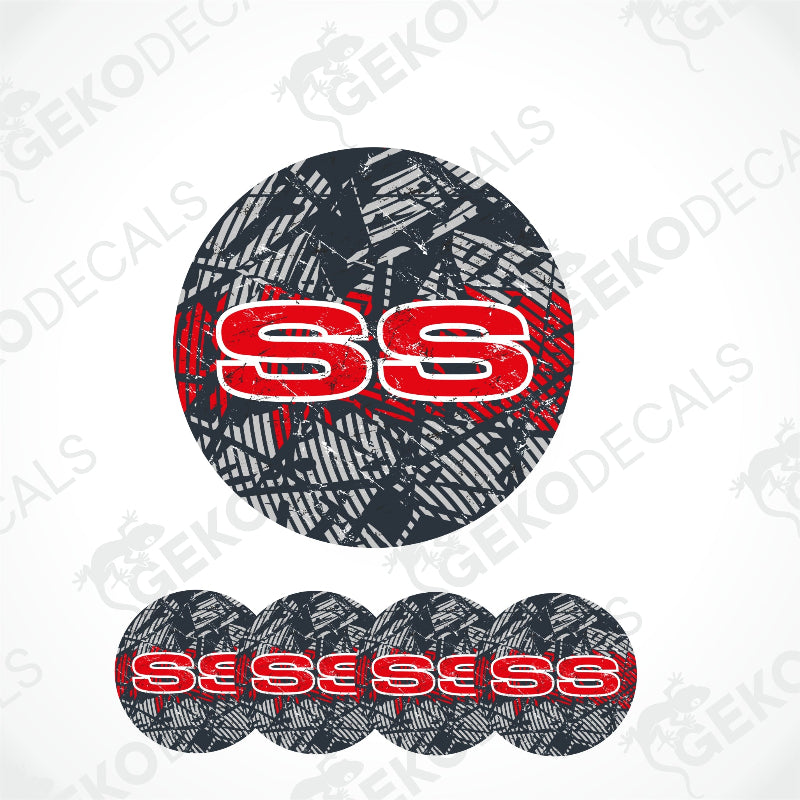 A set of round vinyl stickers with a geometric pattern and the red letter 'SS' on center.