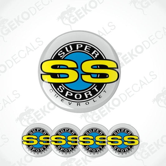 Set of four vinyl decals with 'SUPER SPORT' and 'SS' logo, predominantly in black, white, and yellow colors, designed for use on vehicle wheels or body.