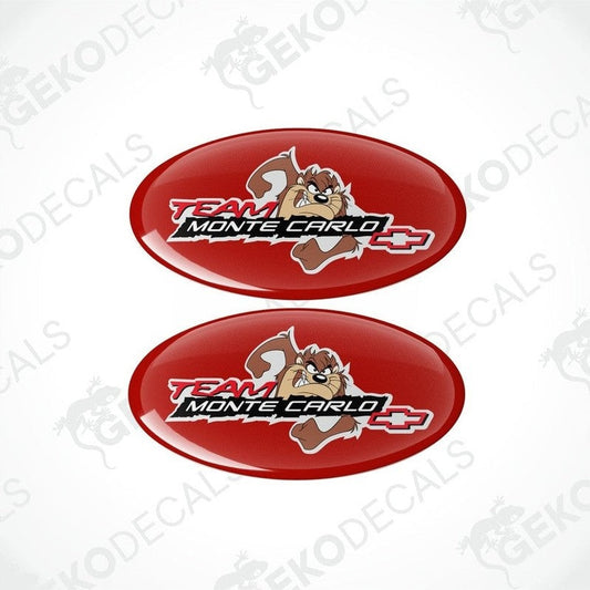 Pair of red Chevrolet Team Monte Carlo vinyl decals with glossy finish