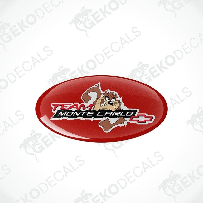 Red domed epoxy decal with Tazmanian Devil and Team Monte Carlo text