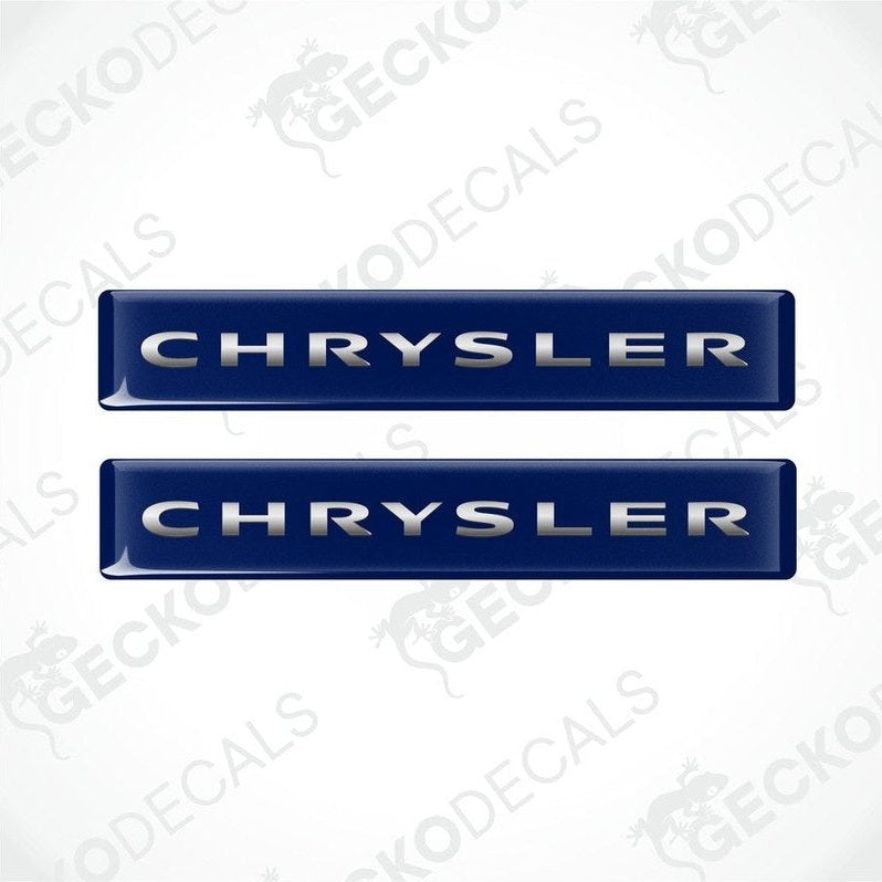 Two blue vinyl stickers with the word 'CHRYSLER' branded on them.