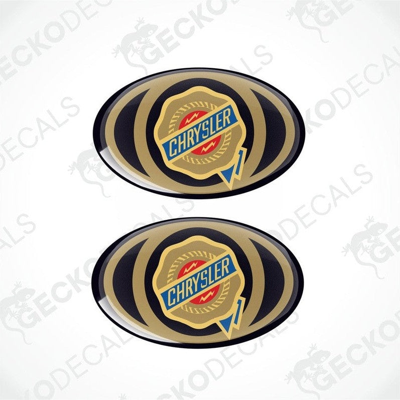 Two vinyl decals with polyurethane coating featuring the CHRYSLER logo in a multicolored design.