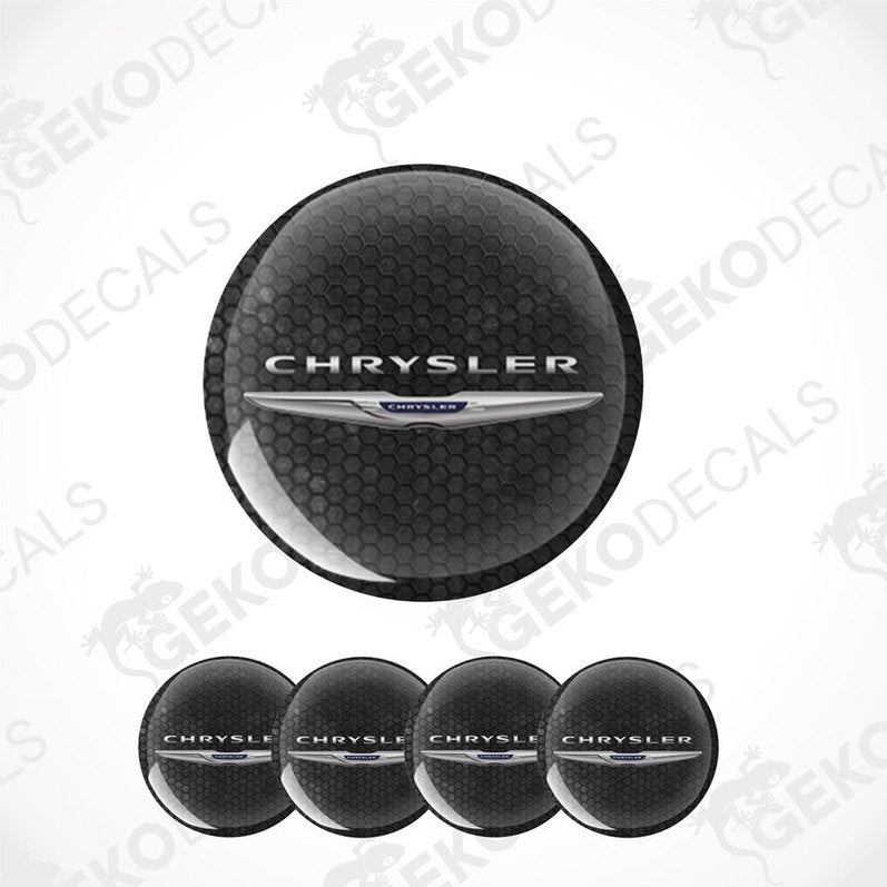 A set of four black vinyl stickers with the word 'CHRYSLER' embossed on them, arranged on a white background.