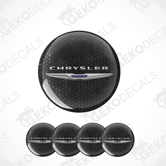 A set of four black vinyl stickers with the word 'CHRYSLER' embossed on them, arranged on a white background.