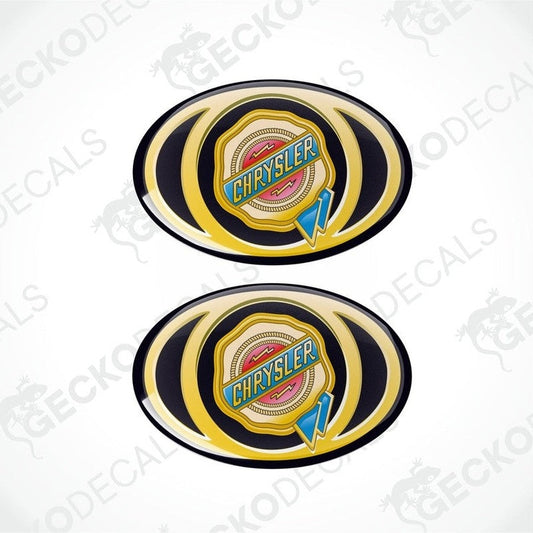 Two vinyl decals with polyurethane coating featuring the CHRYSLER logo in a multicolored design.