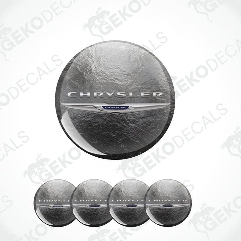 Set of five Chrysler logo emblems on a white background with 'Geckodecals' branding.