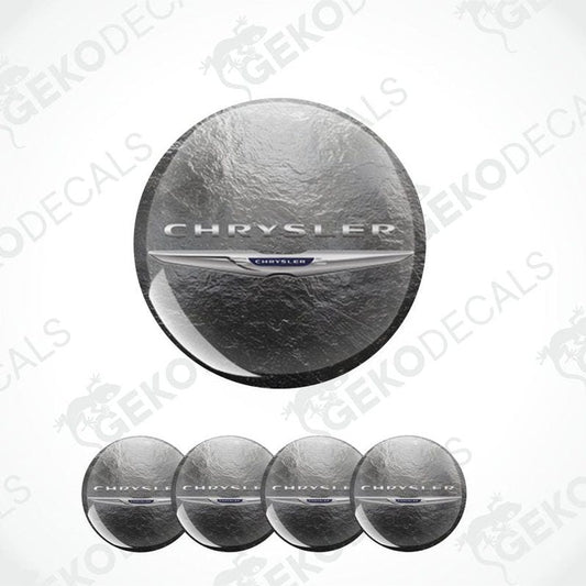 Set of five Chrysler logo emblems on a white background with 'Geckodecals' branding.