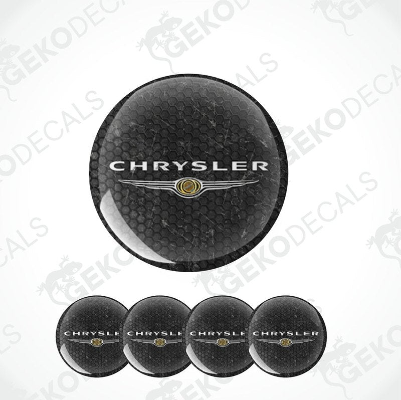 Set of vinyl decals with the CHRYSLER logo, predominantly black in color with a glossy finish.