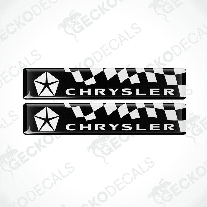 Two black and white vinyl stickers with the Chrysler logo and a checkered pattern.