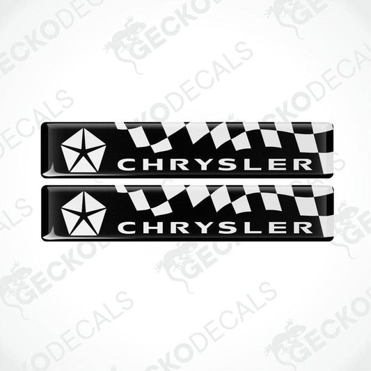 Two black and white vinyl stickers with the Chrysler logo and a checkered pattern.