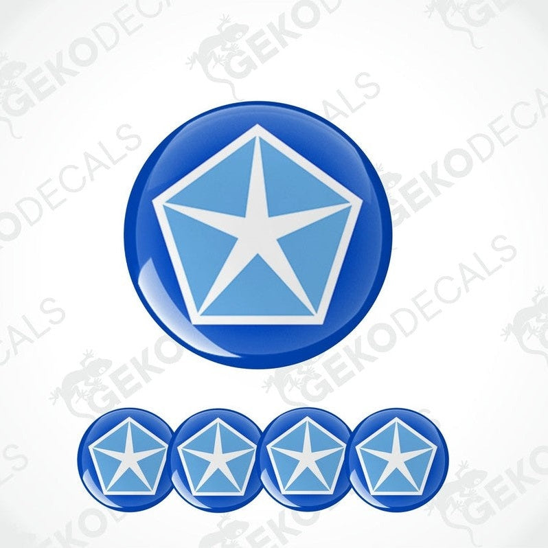 A set of four blue vinyl stickers with a white star and the word 'CHRYSLER' printed on them.