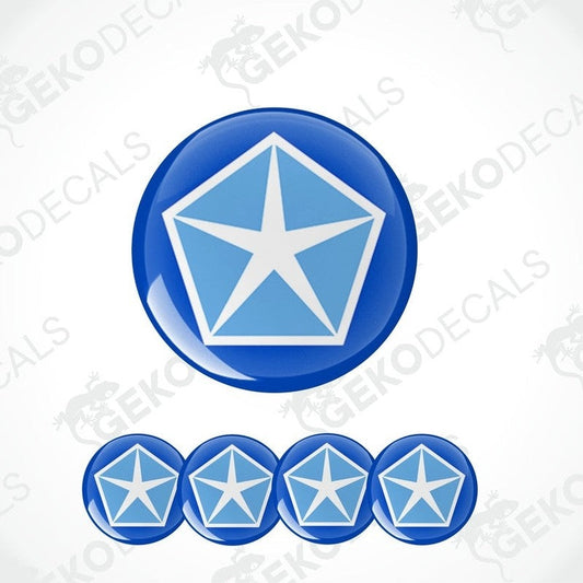 A set of four blue vinyl stickers with a white star and the word 'CHRYSLER' printed on them.